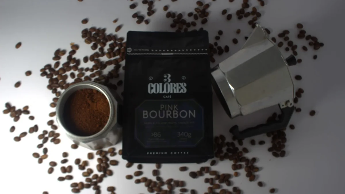 Colombian Bourbon Coffee 3Colors brand in a mocha coffee maker.