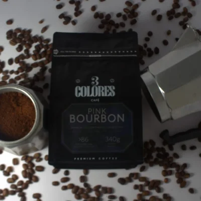 Colombian Bourbon Coffee 3Colors brand in a mocha coffee maker.